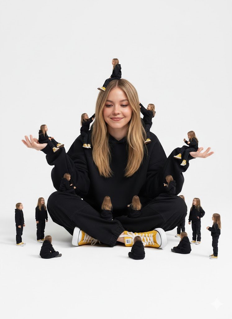 A creative surreal image of a woman sitting on the ground, we...