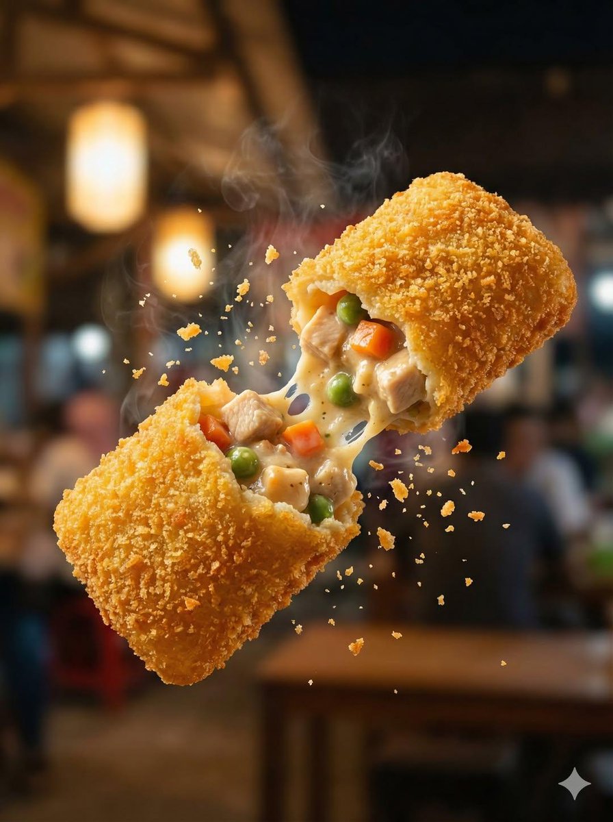 Macro food photography of a crispy martabak telur tearing ope...