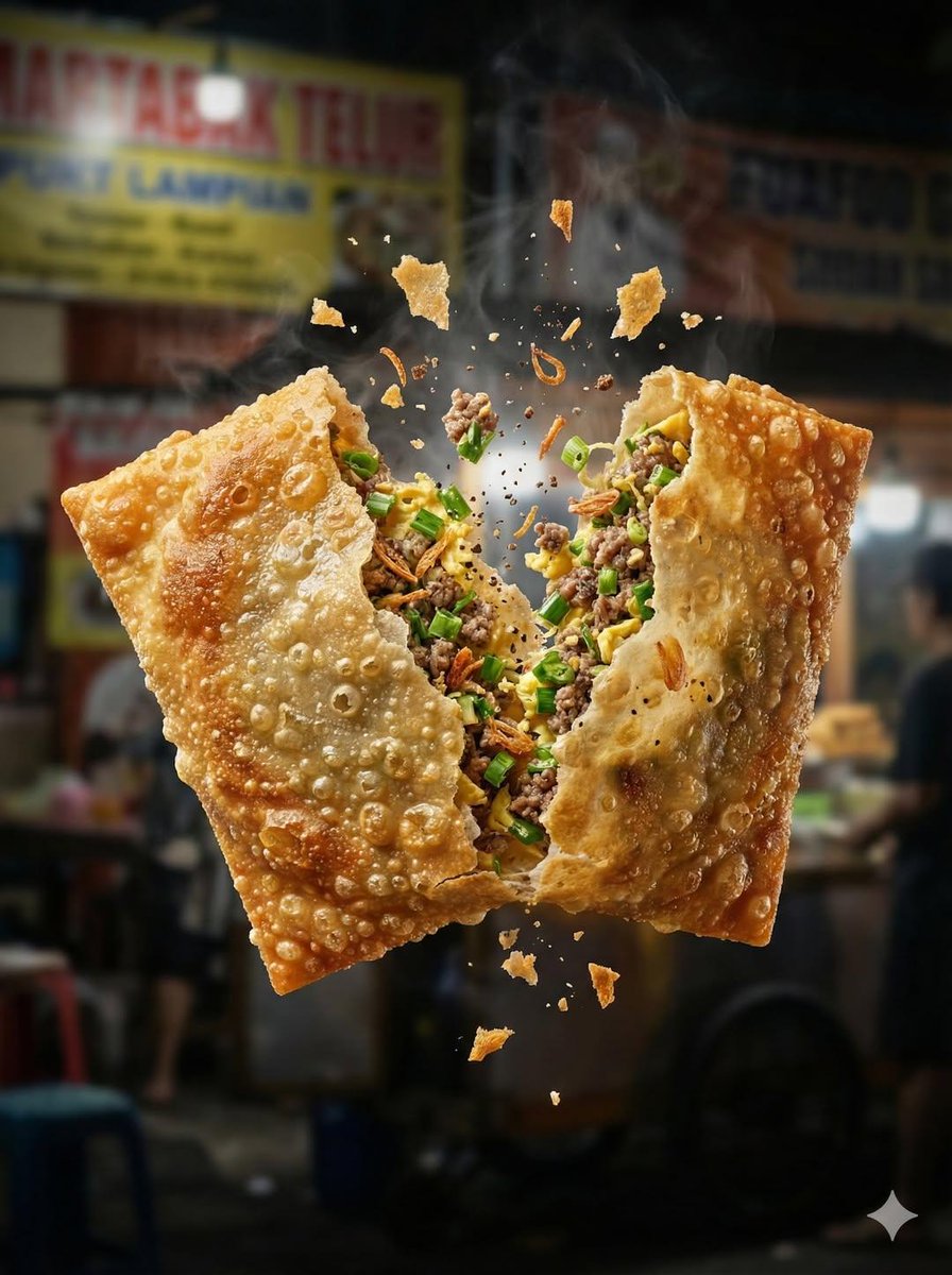 Macro food photography of a crispy martabak telur tearing ope...