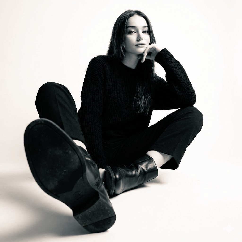 High contrast black and white studio photo of a woman seated...