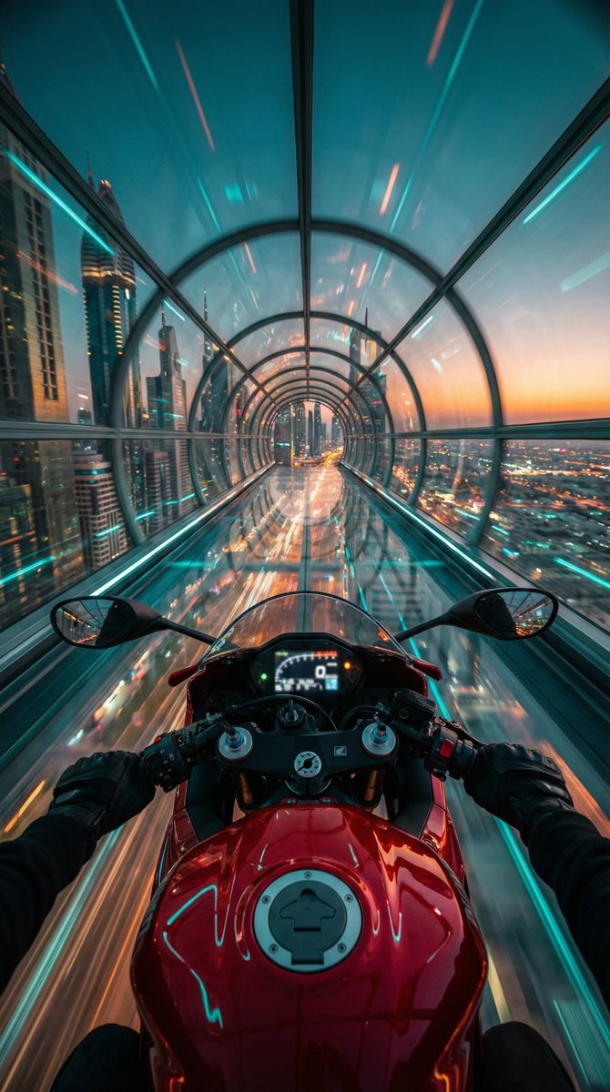 "Red futuristic sport motorcycle (POV perspective)",