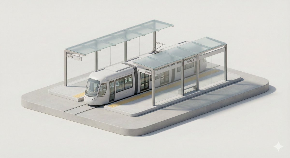 A clean, minimal 3D isometric diorama of a [CITY TRANSPORT TY...