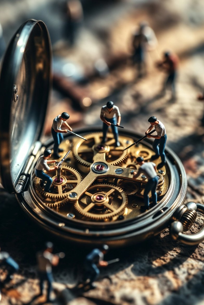 Ultra realistic macro scene depicting tiny restoration worker...