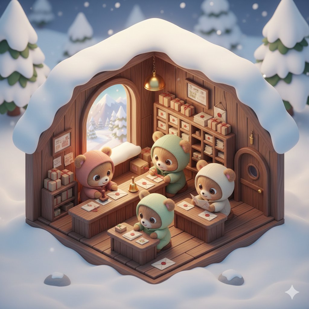 "prompt": "Isometric 3D kawaii scene of chibi baby bears desi...