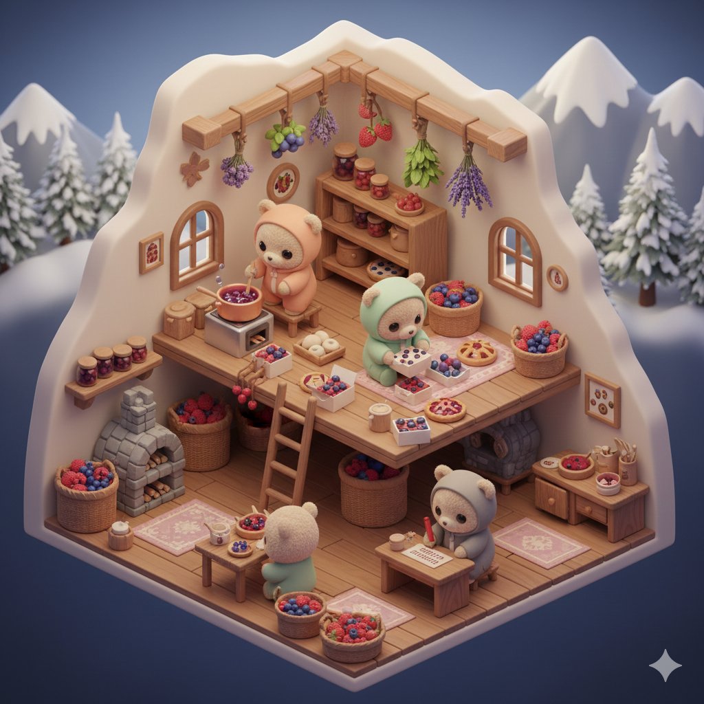 "prompt": "Isometric 3D kawaii scene of chibi baby bears desi...