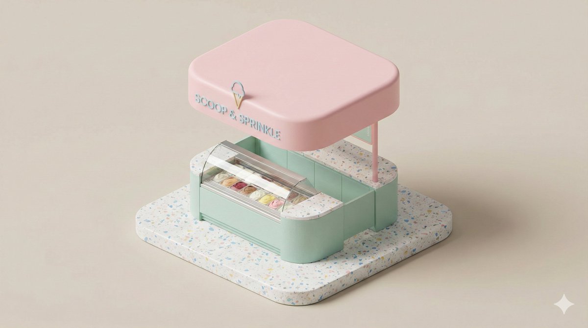 A clean, minimal 3D isometric diorama of a [URBAN RETAIL TYPE...