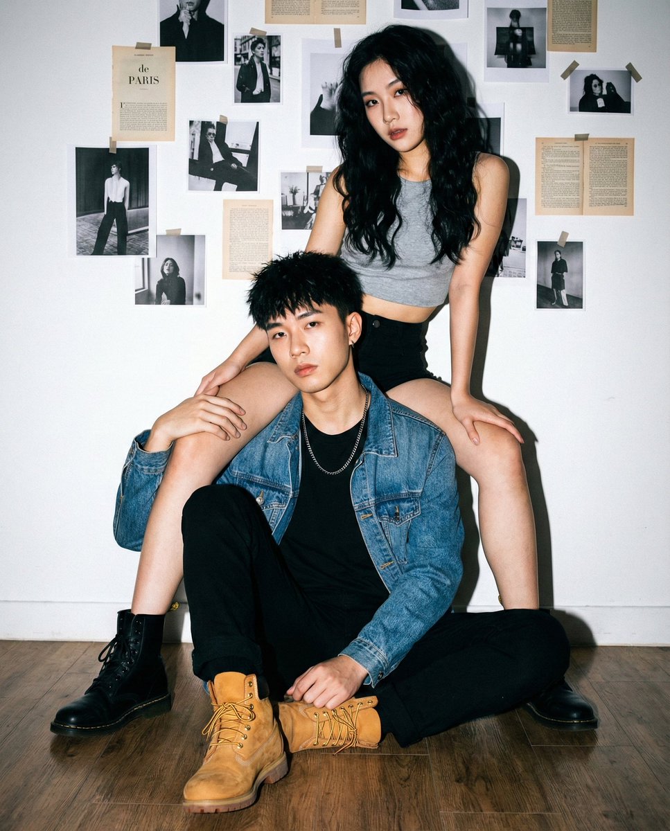 "Young Asian couple, cool/edgy fashion models.",