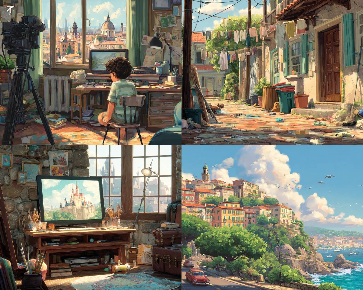 A warm, painterly illustration style with quiet rooms, sunlit...