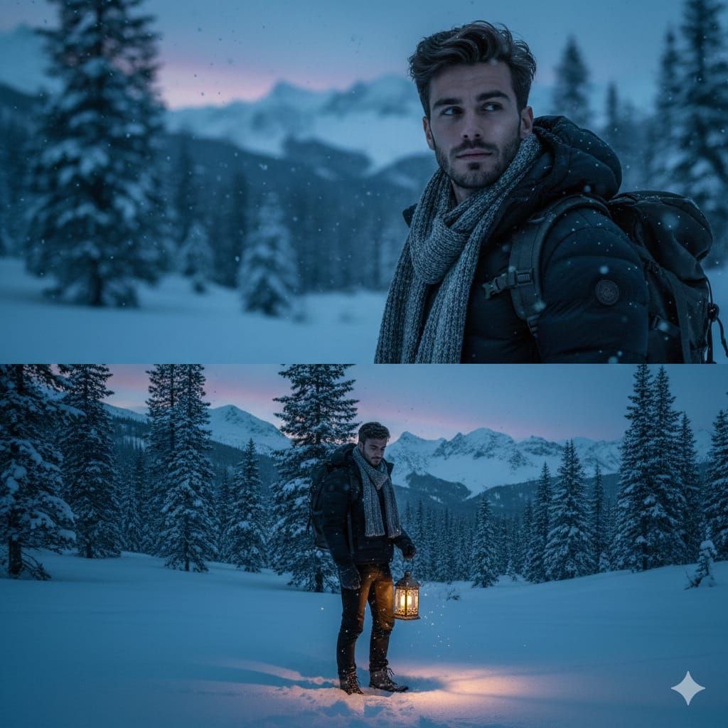 A cinematic winter portrait of a handsome man standing in a s...