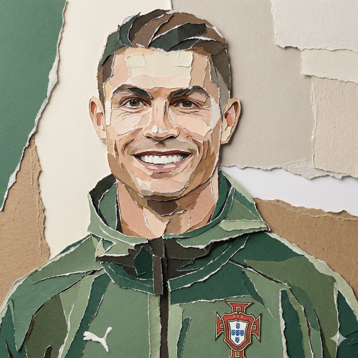 Create a realistic torn paper collage portrait of the subject...