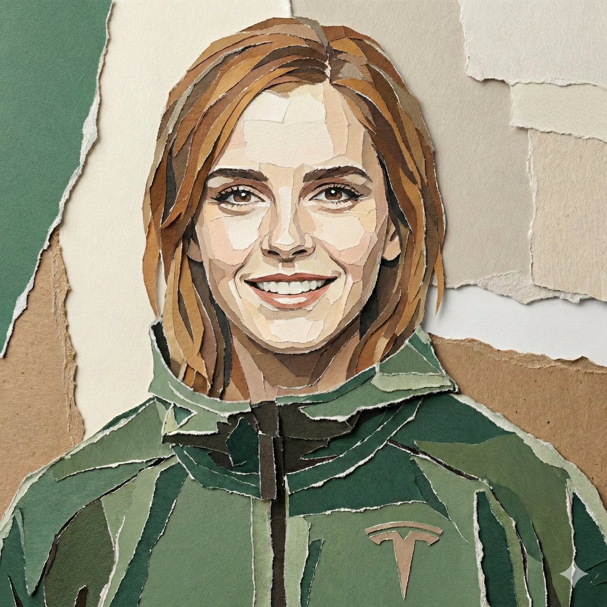 Create a realistic torn paper collage portrait of the subject...