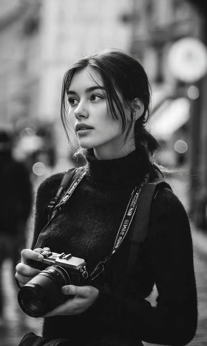 A cinematic black and white street portrait of a young woman...