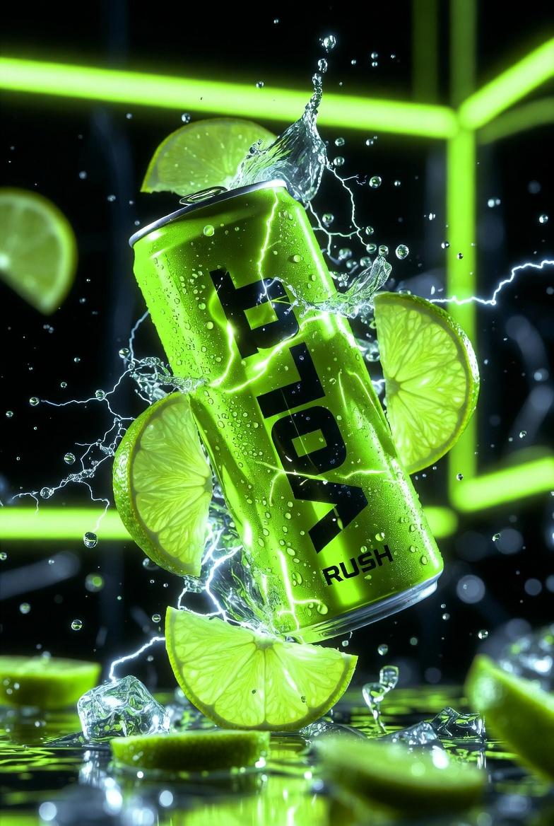 Ultra cinematic product photography of a neon green energy dr...