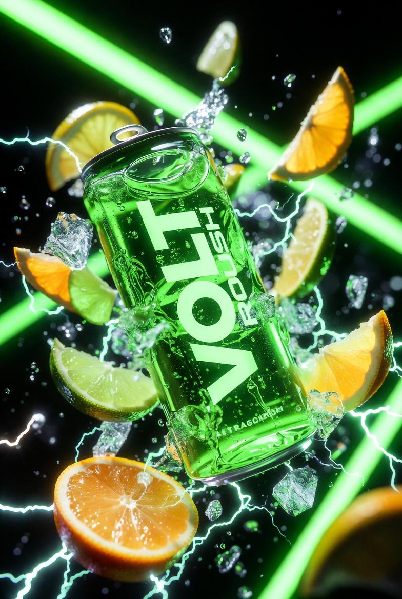 Ultra cinematic product photography of a neon green energy dr...