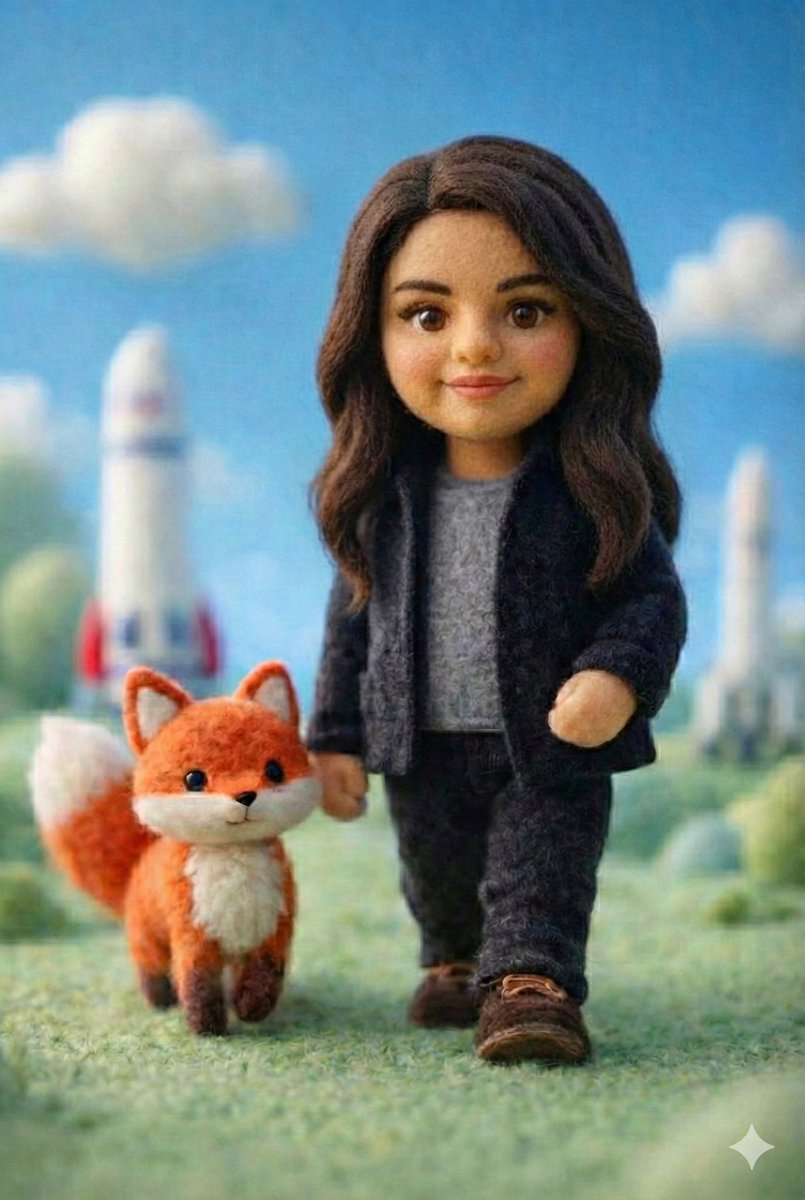 A handcrafted felt miniature scene featuring a soft wool doll...