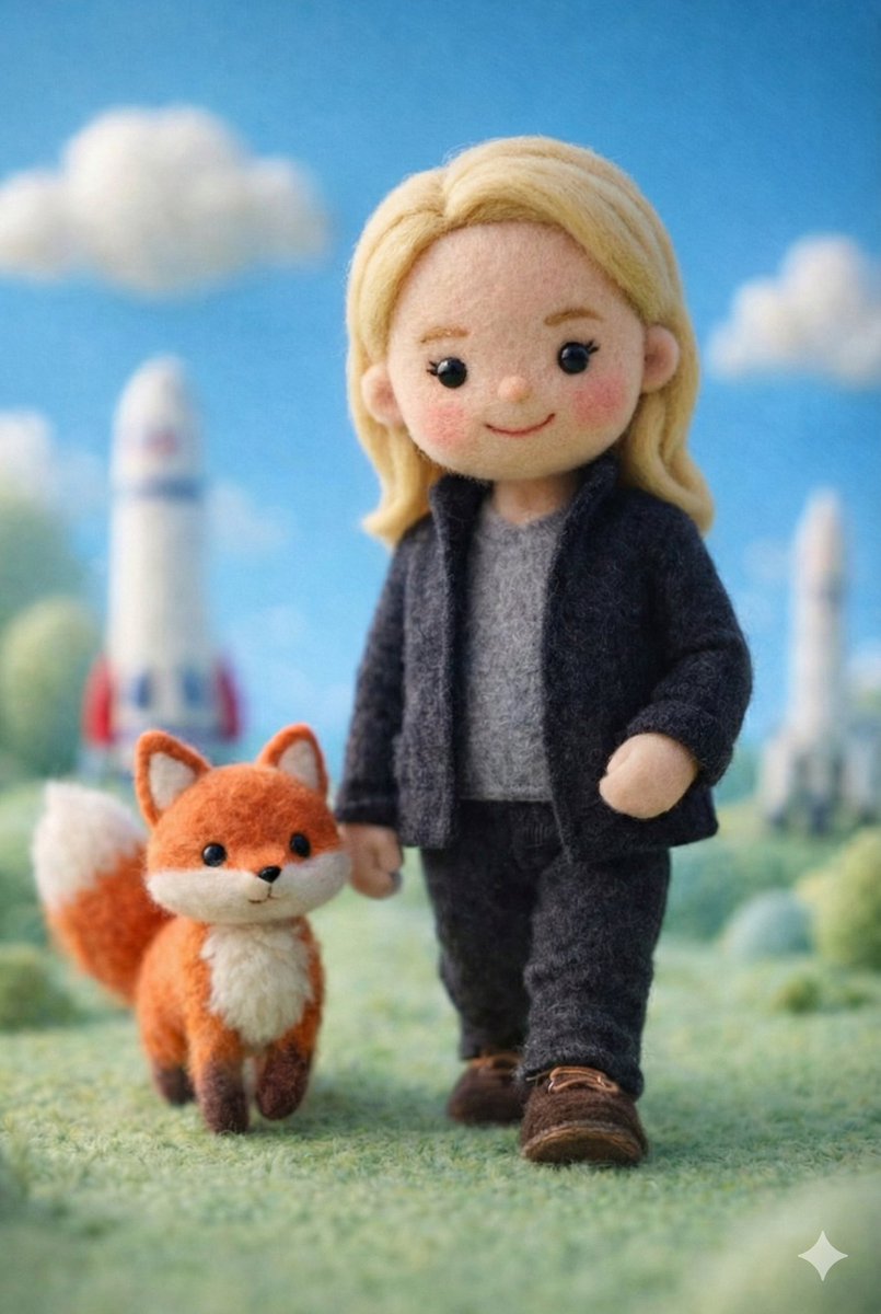 A handcrafted felt miniature scene featuring a soft wool doll...