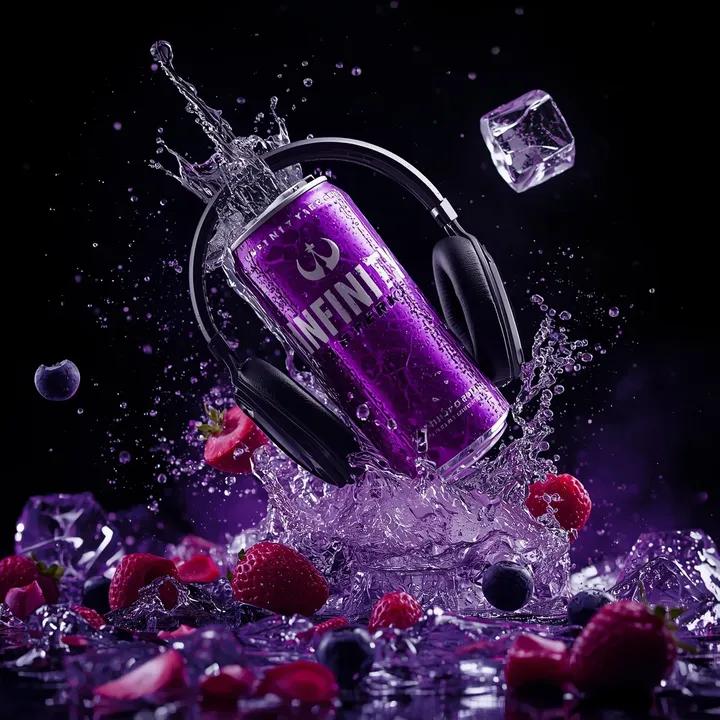 Ultra cinematic product photography of a purple energy drink...