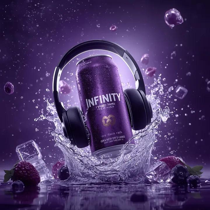 Ultra cinematic product photography of a purple energy drink...