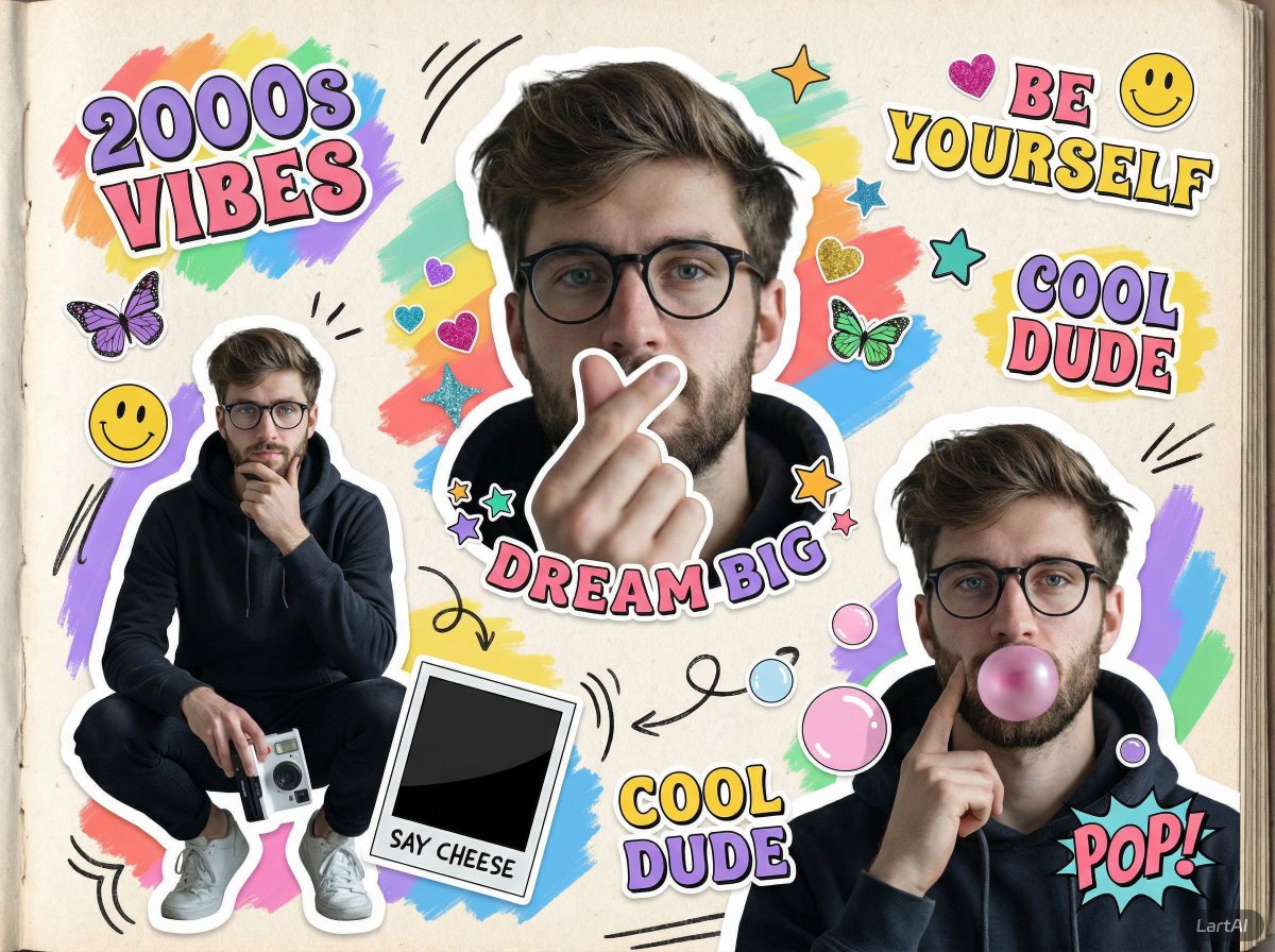 A vibrant 2000s scrapbook style collage featuring the same yo...