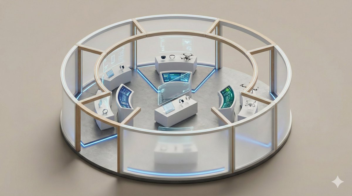 A clean, minimal 3D isometric diorama of a [EXHIBITION TYPE],...