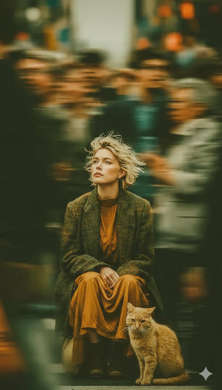 长曝光街头人像:静默女子与姜猫在黄昏广场的对比
