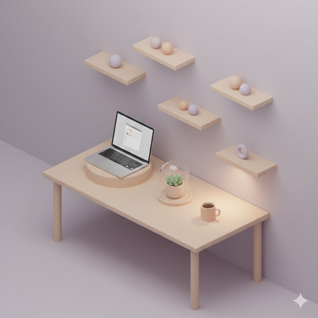 粉彩风3D等距办公场景:悬浮元素设计与光影