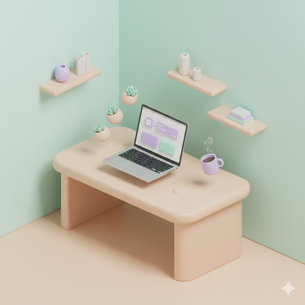 粉彩风3D等距办公场景:悬浮元素设计与光影