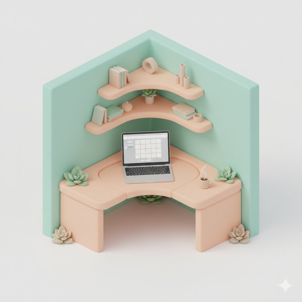 粉彩风3D等距办公场景:悬浮元素设计与光影