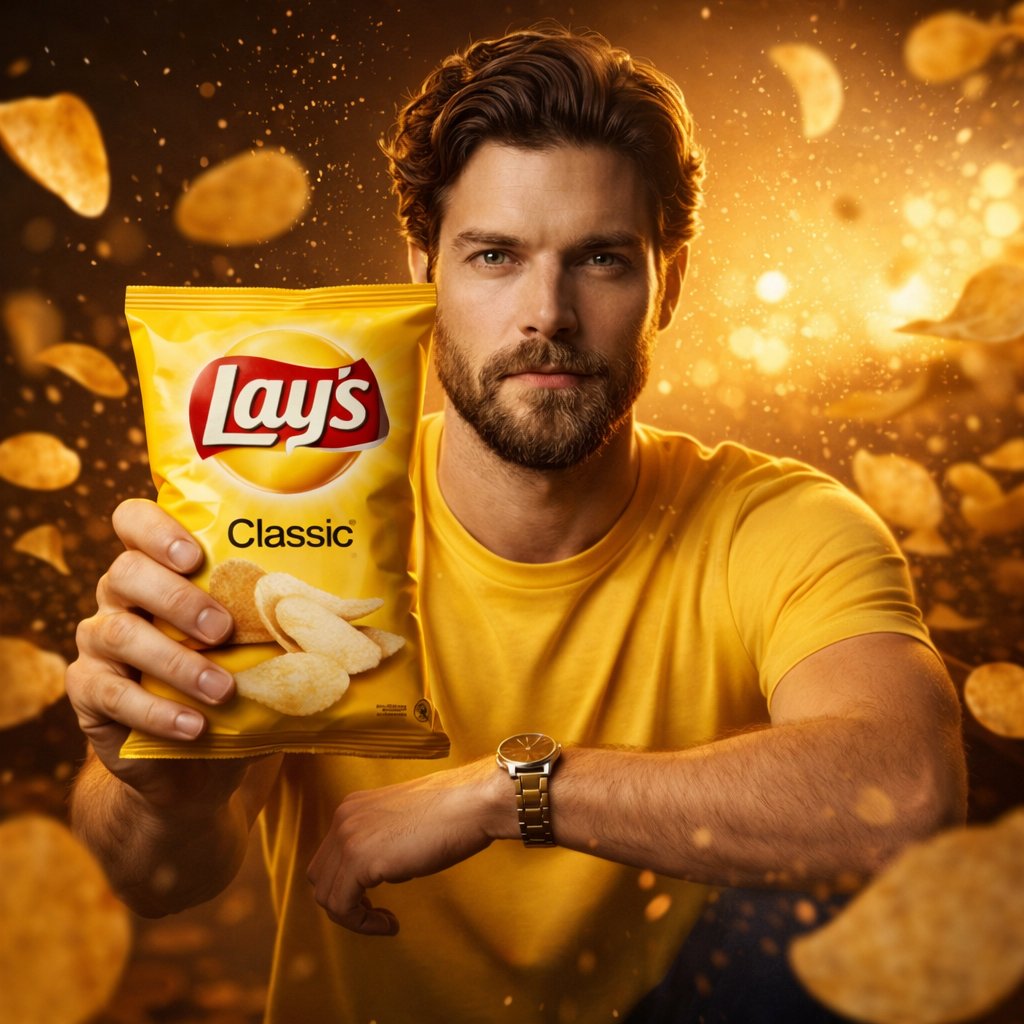 A cinematic, ultra realistic advertising shot of a man holdin...