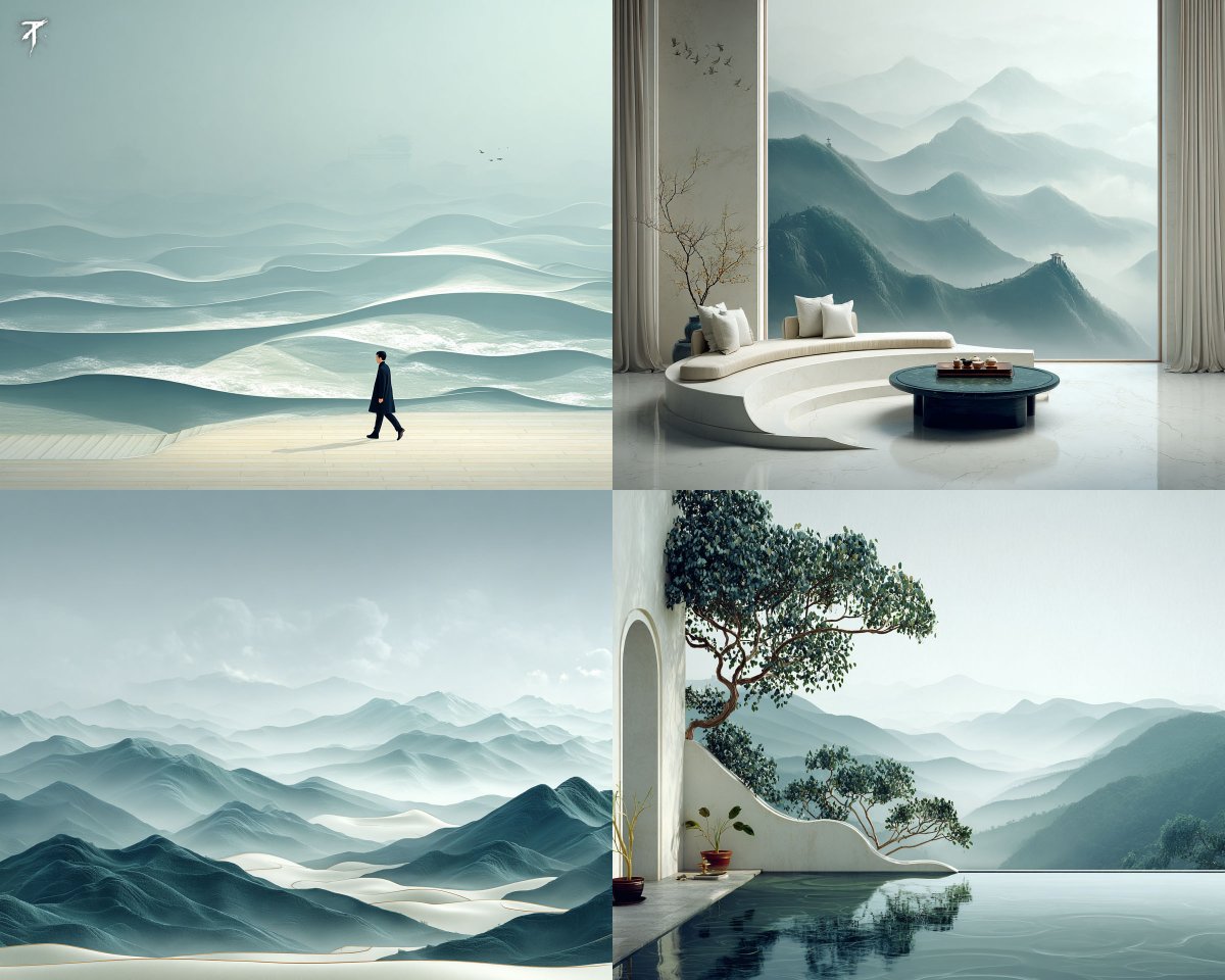 A serene minimalist landscape style with soft gradients.