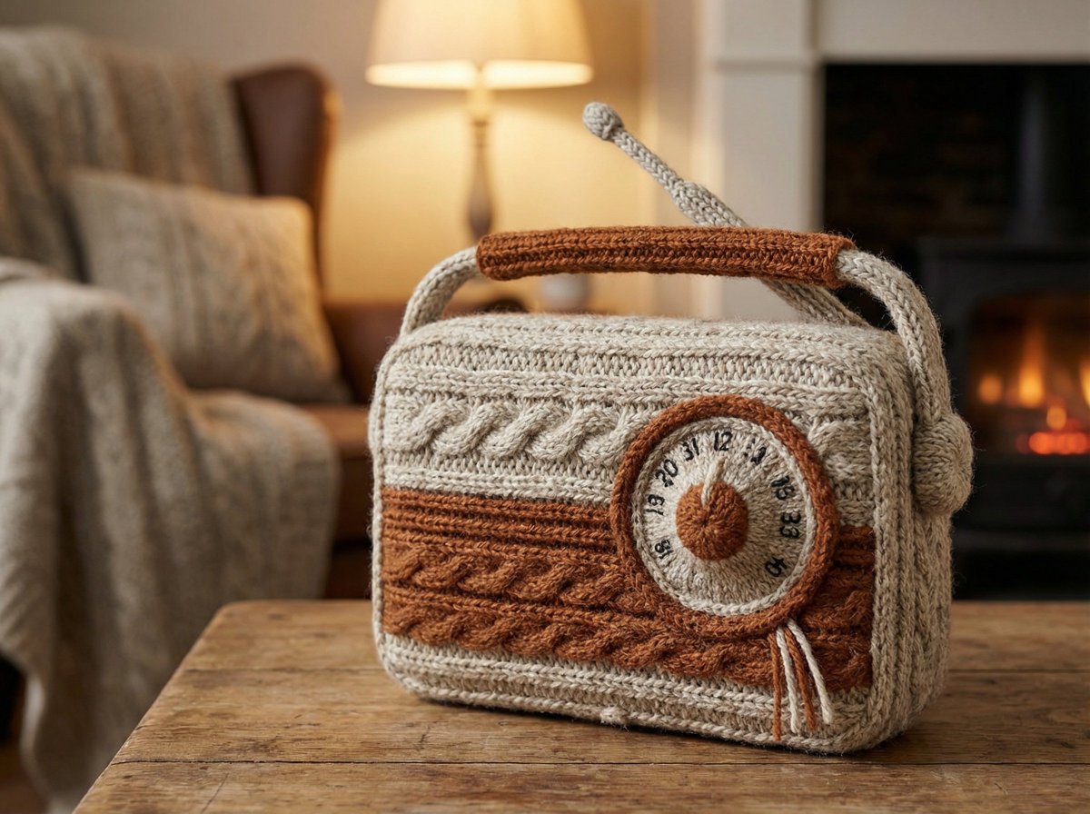 An [OBJECT] rendered as if entirely hand knitted from chunky...