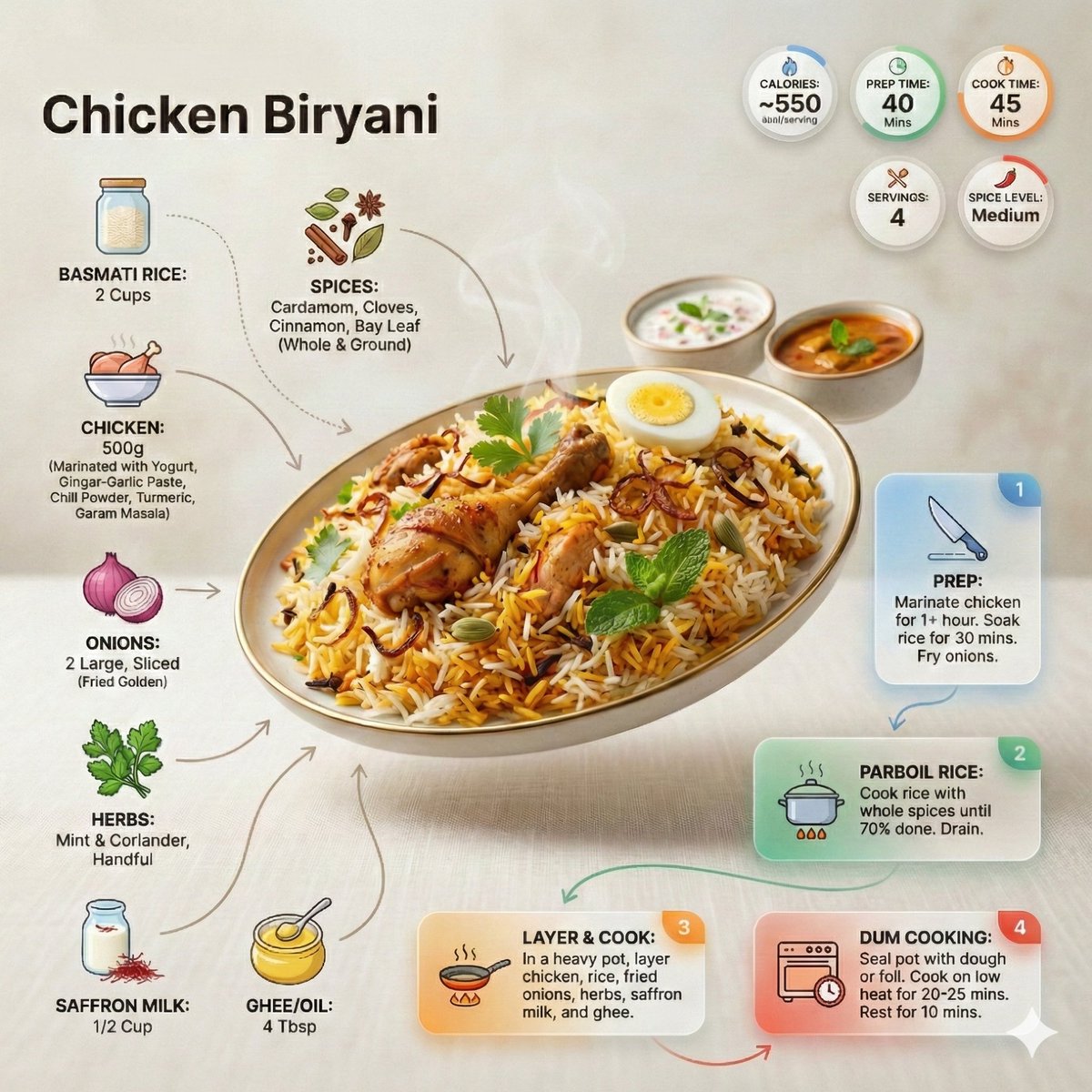 Ultra clean modern recipe infographic. Showcase briyani in a...