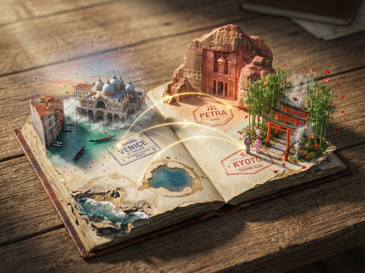 Epic 3D scene: a weathered passport lies open, its visa stamp...