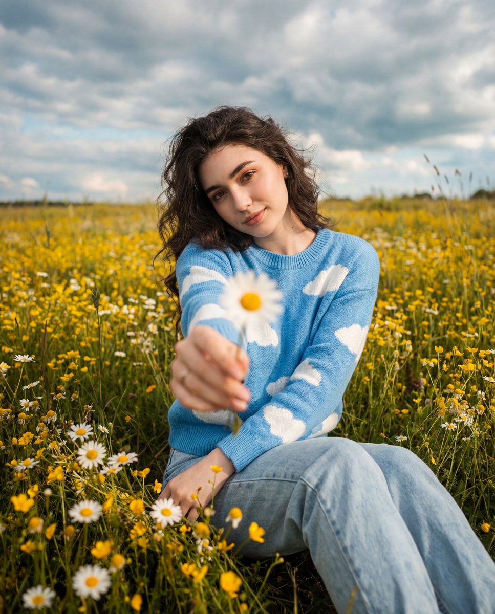 cinematic, wide angle portrait of her sitting in a wildflower...