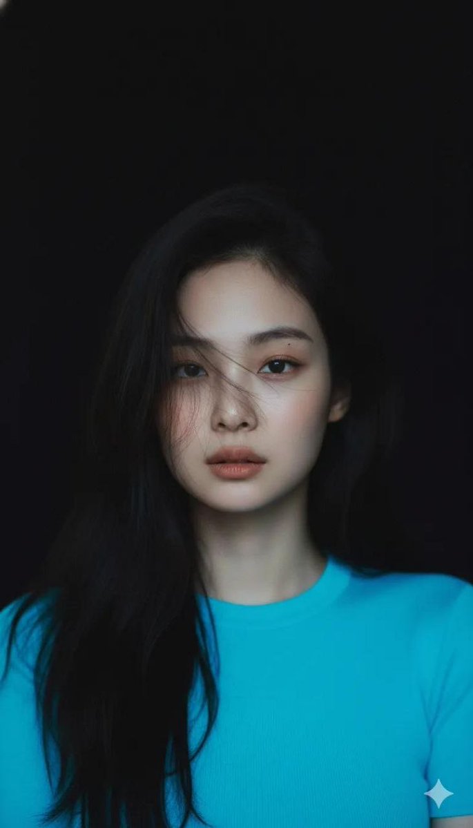 Create Moody cinematic portrait of a young woman with clear f...