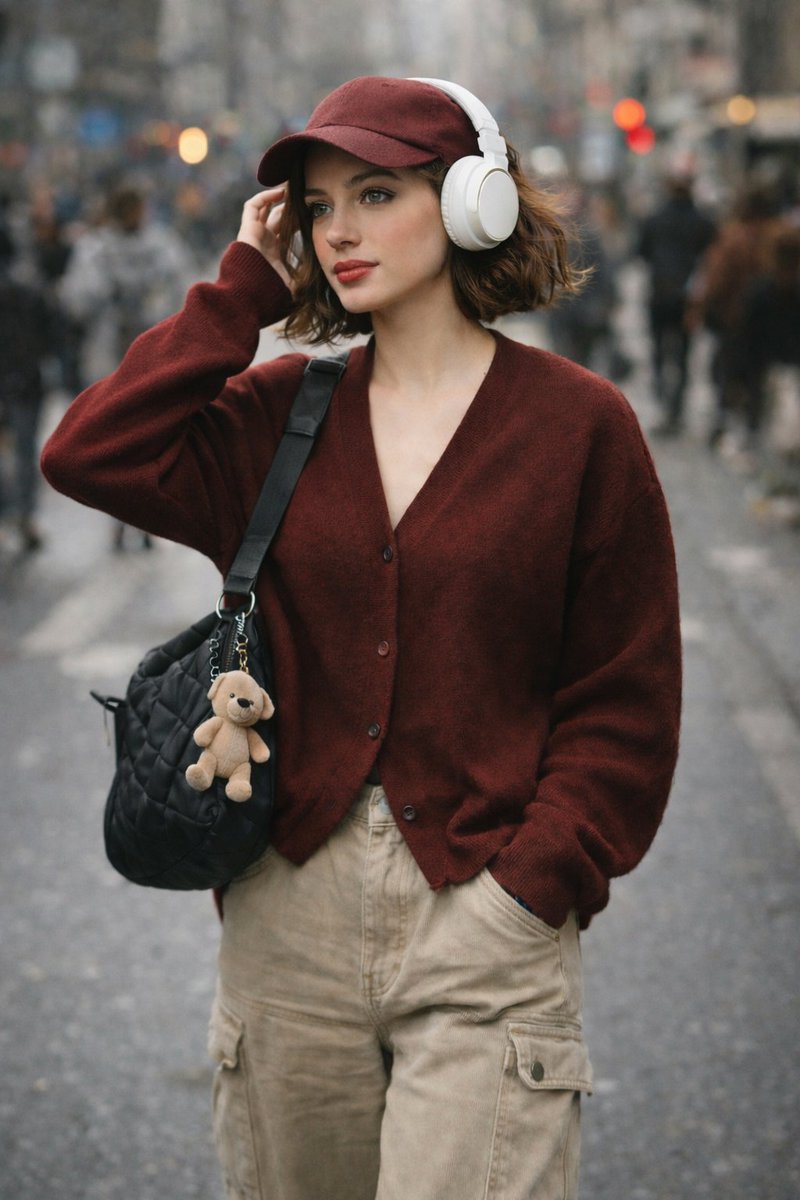 A high quality, candid street photography shot of a stylish y...