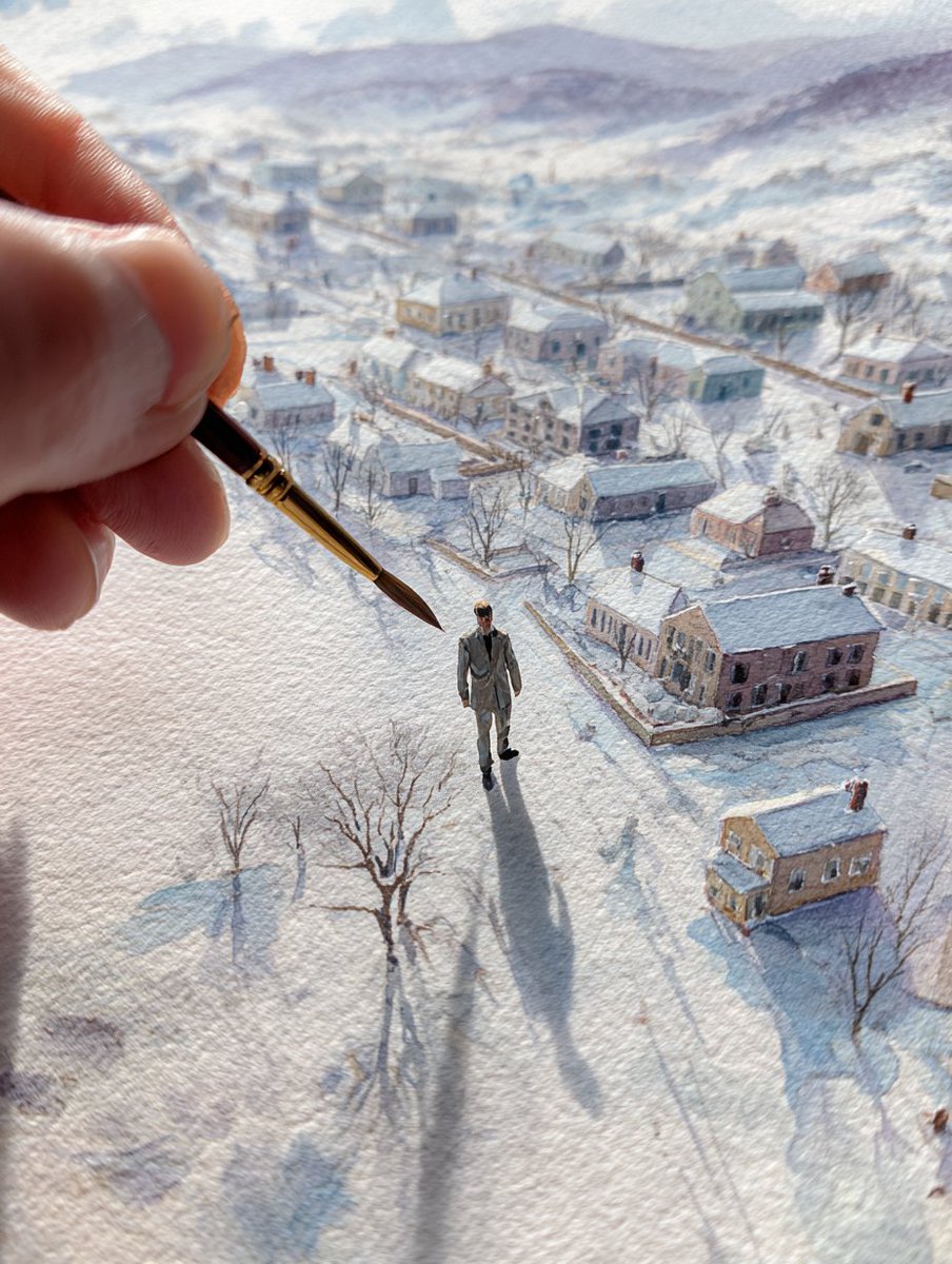 絵の具と絵筆で描く冬景色