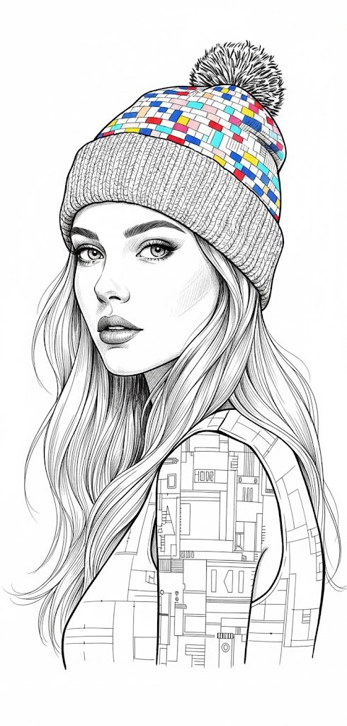 Ultra detailed black and white ink illustration of a young wo...