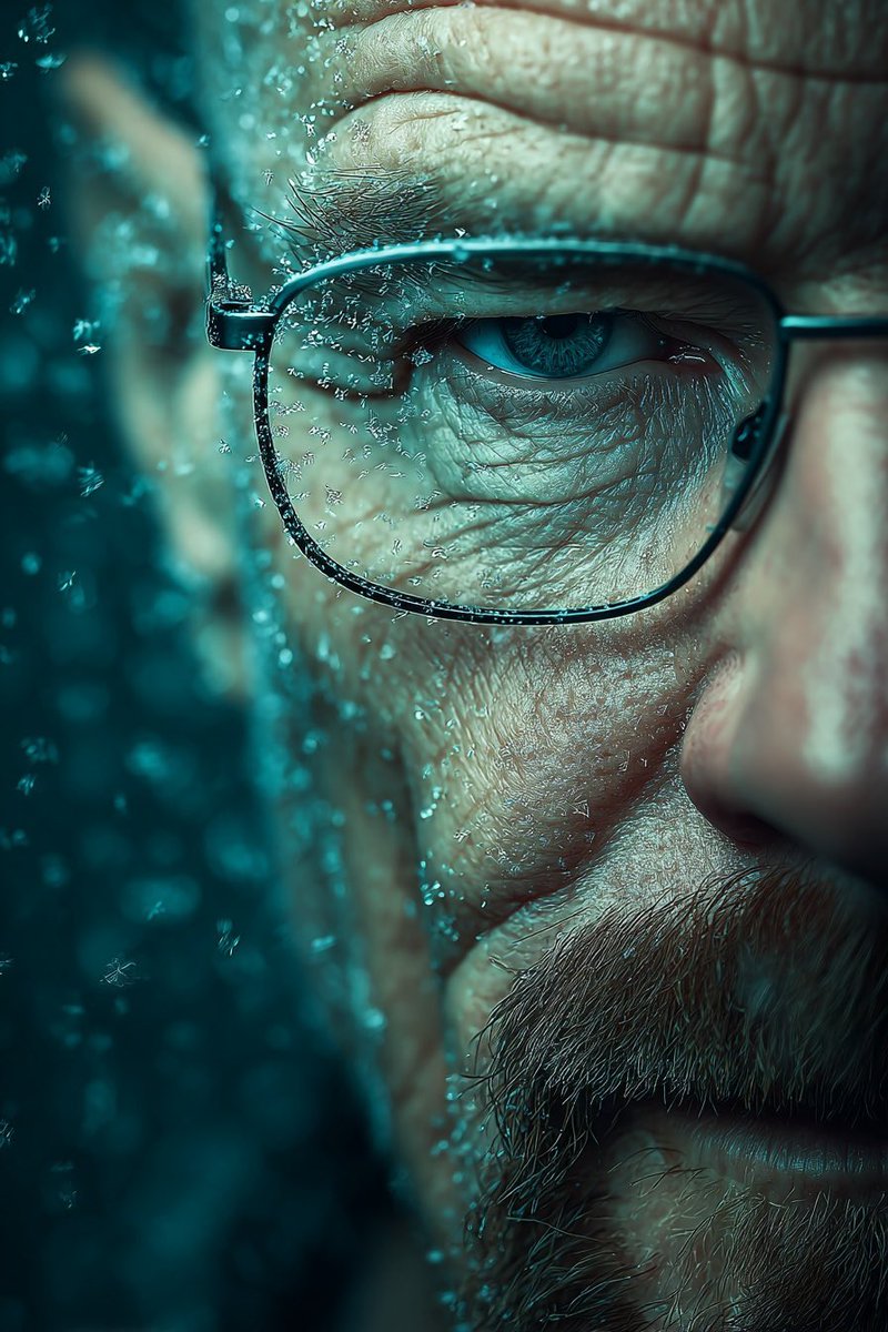 Walter White editorial surreal, centered; FG crystal dust, MG...