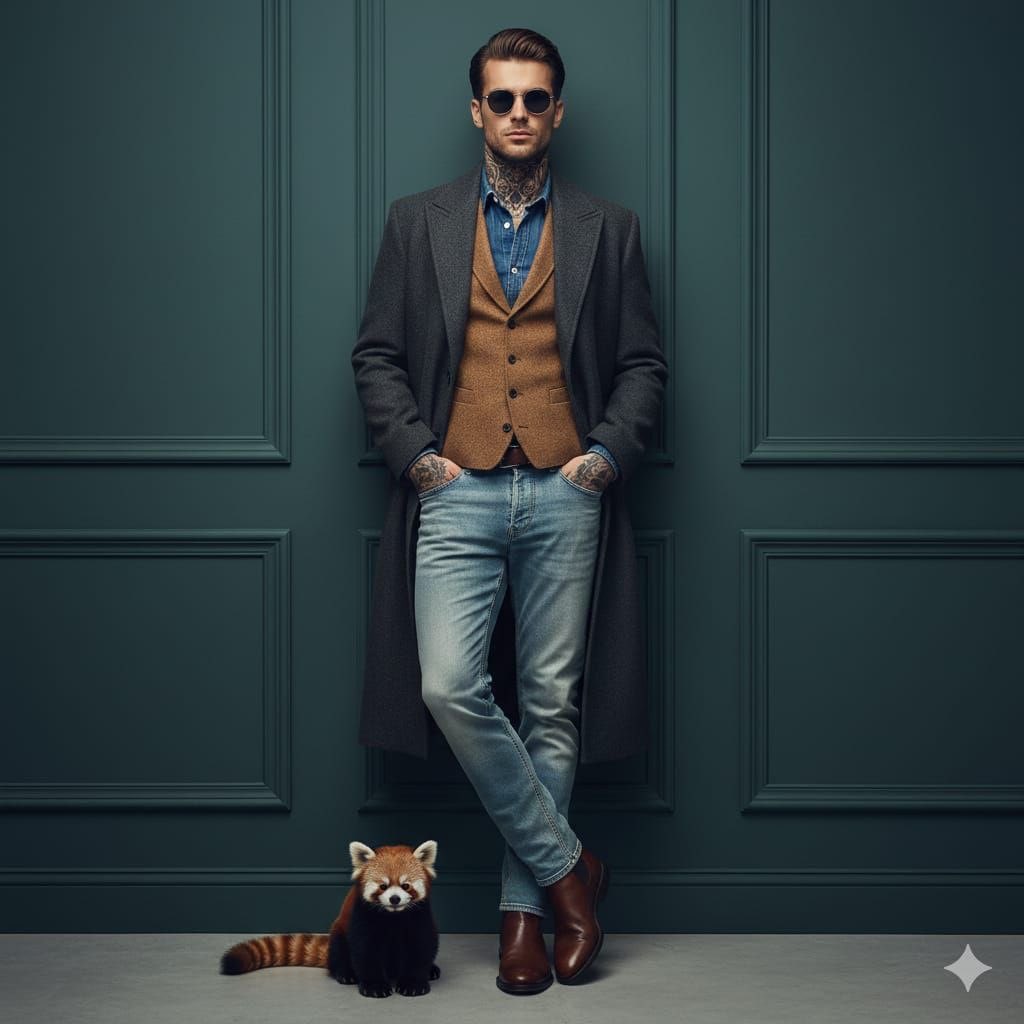 A cinematic fashion portrait of a stylish man leaning against...