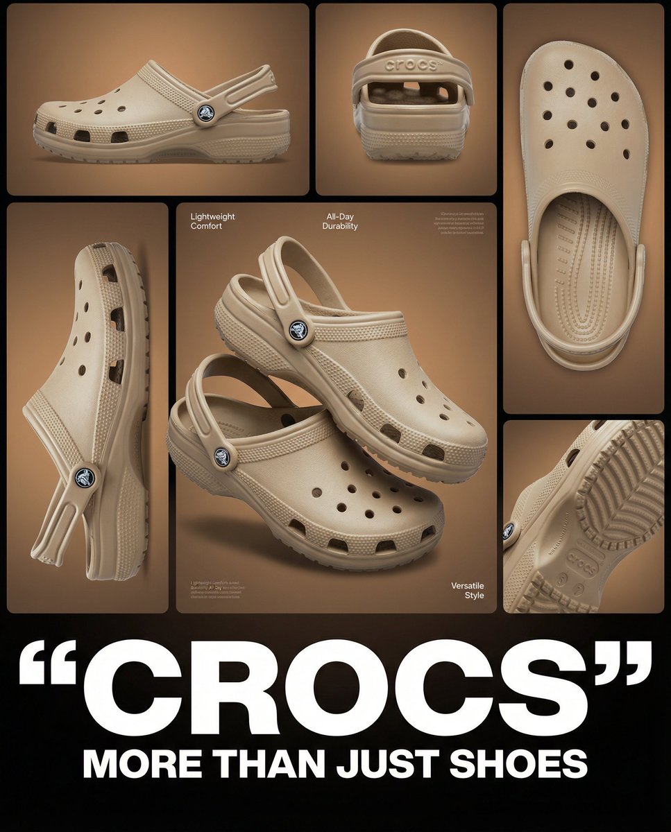 Multi image product collage poster featuring beige/tan Crocs...