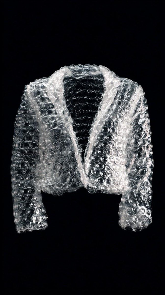 "prompt": "A studio shot of a transparent bubble wrap fashion...