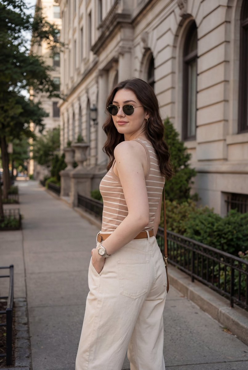 { "scene type": "outdoor urban street portrait", "composition...