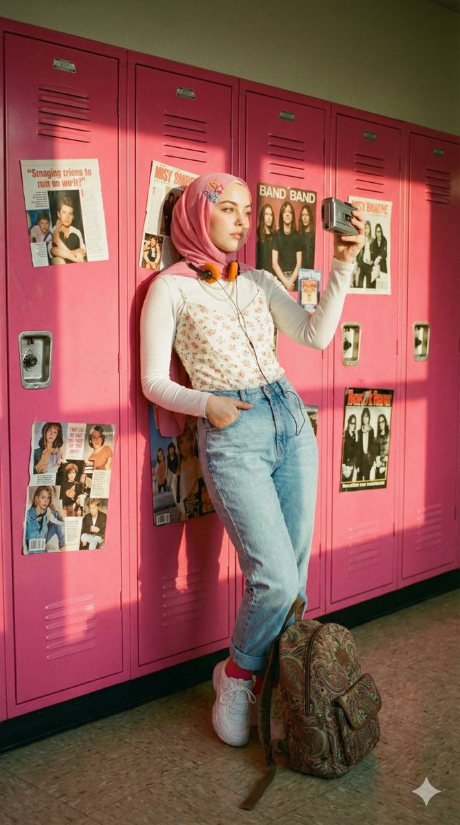 A cinematic, nostalgic portrait of a young hijab woman (use t...