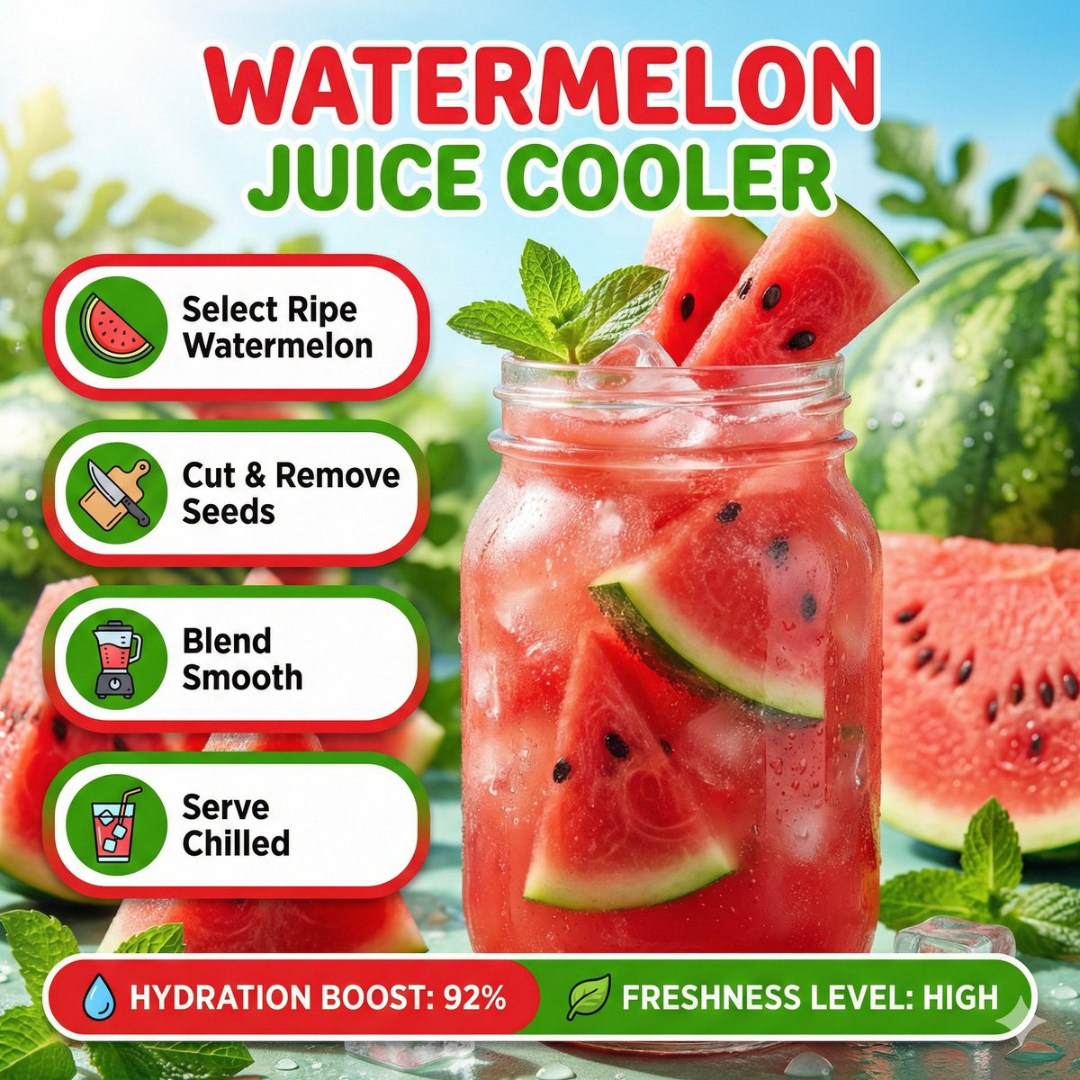 Bright summer infographic showcasing watermelon juice, icy te...