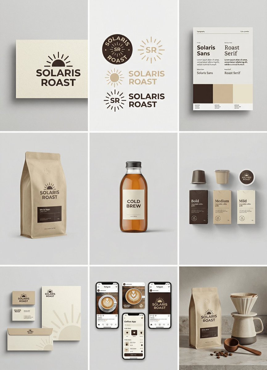 [brand name], complete brand identity grid, 3x3 layout, nine...