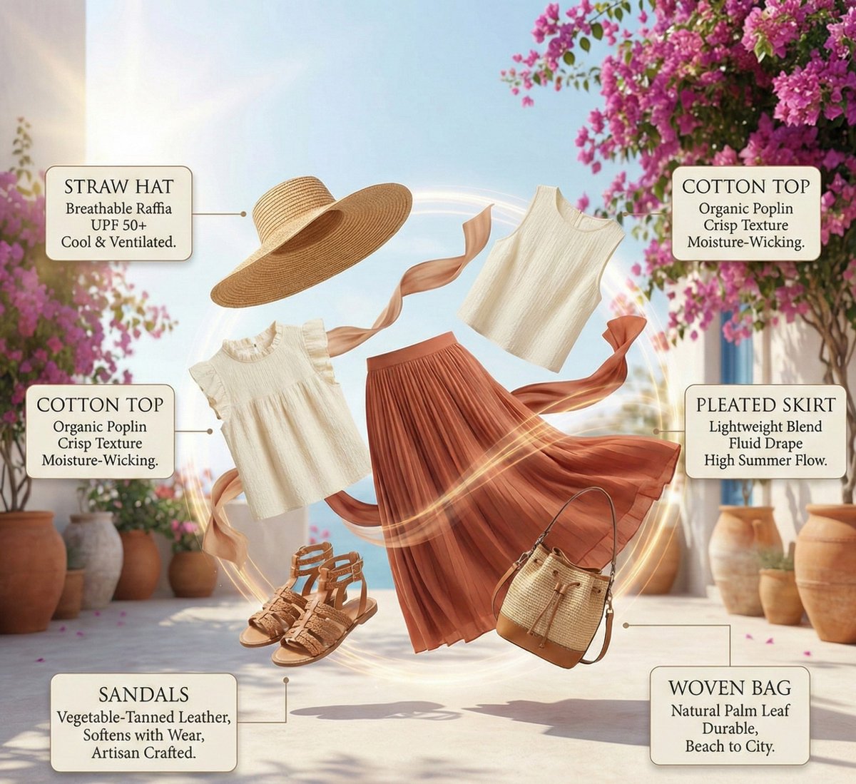 High fashion summer outfit infographic with color coordinated...