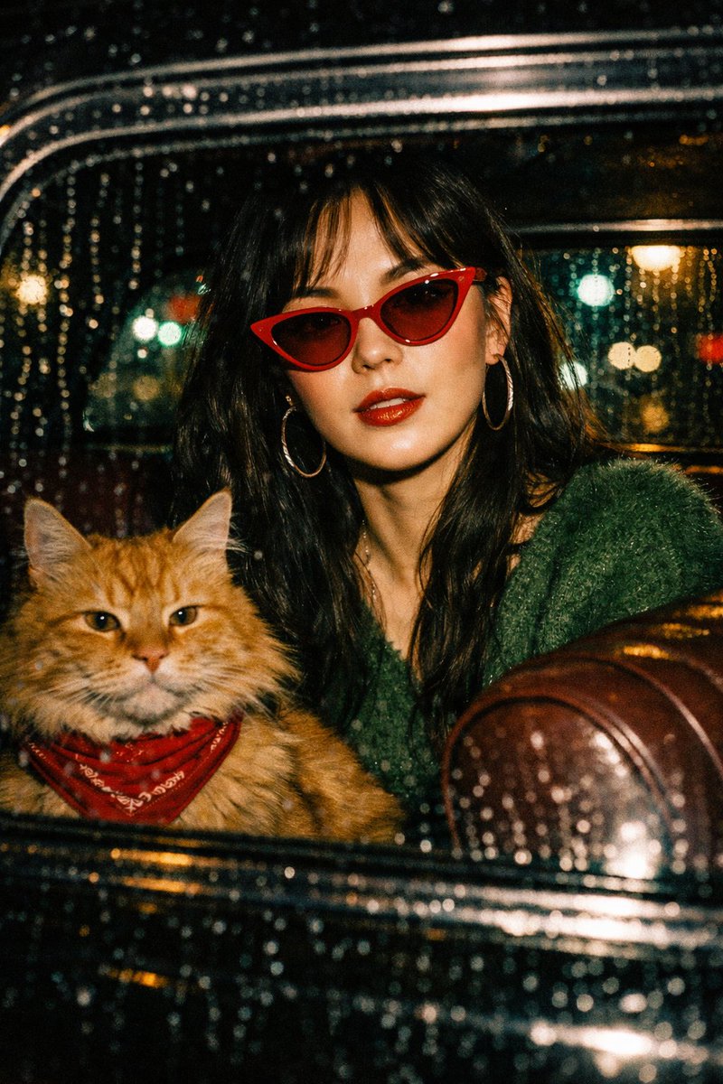 A cinematic flash photography shot viewed through a rain stre...