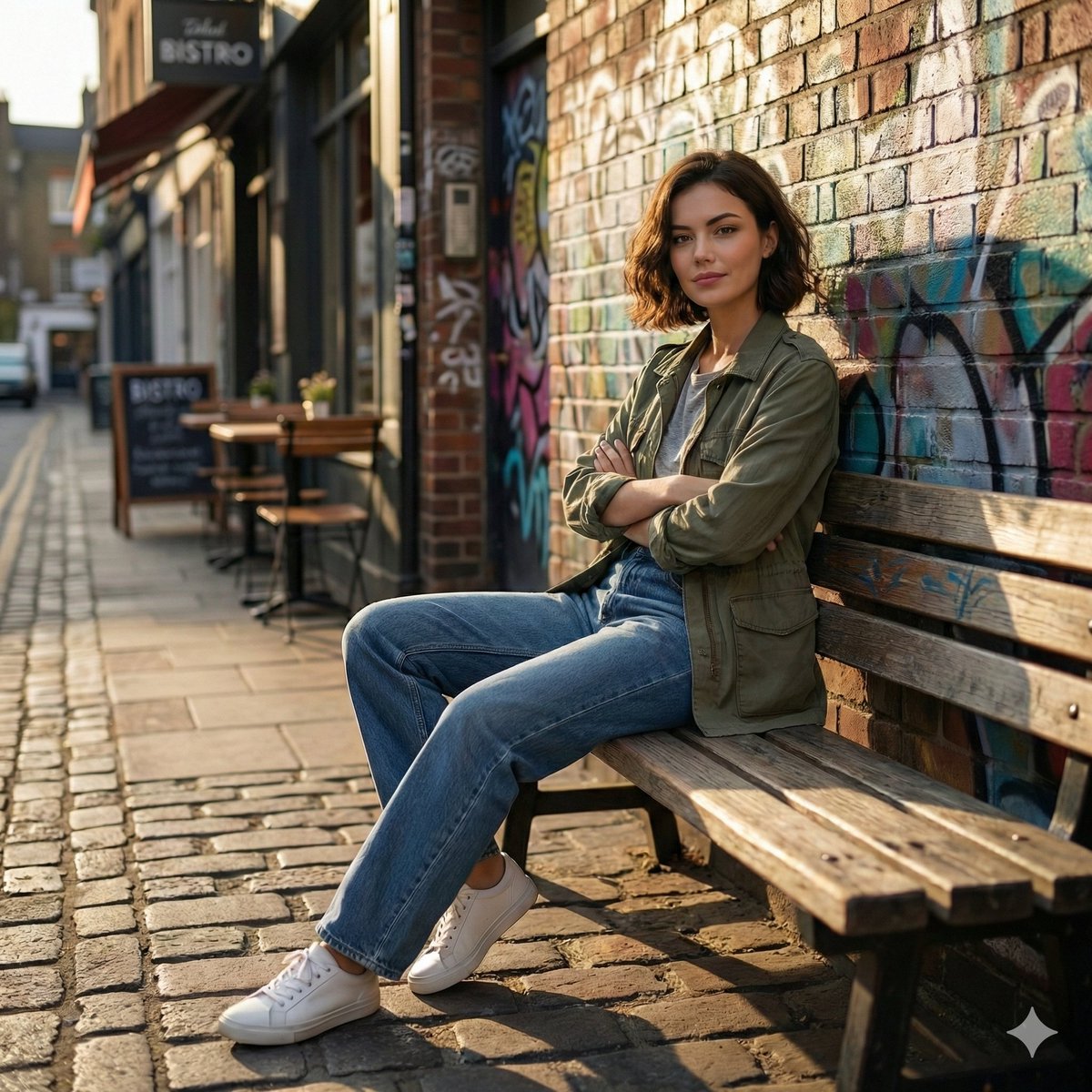 Cinematic realistic street scene, beautiful young woman with...