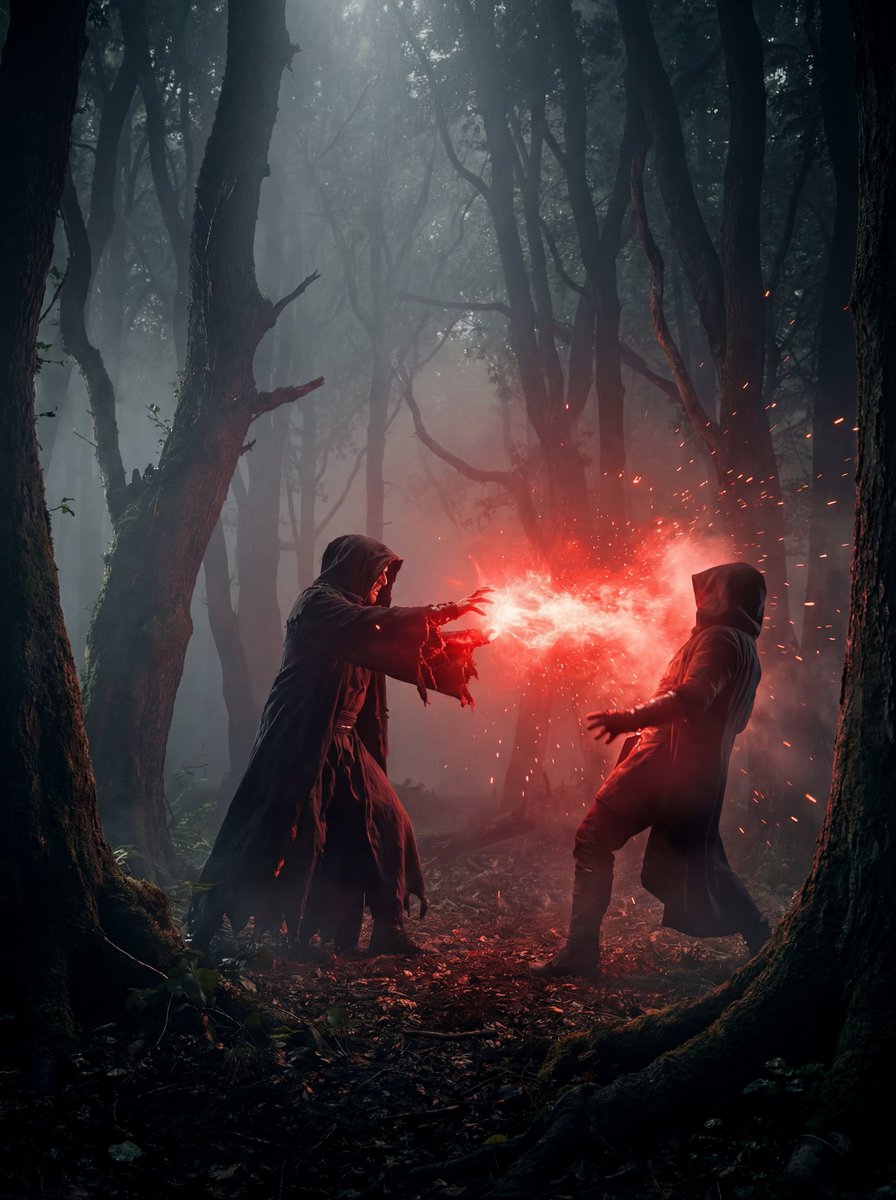 A dramatic cinematic scene in a dark foggy forest where two h...